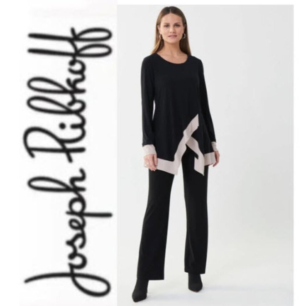 JOSEPH RIBKOFF TUNIC Black Cream Asymmetrical Hem and Seam Detail Size 8
